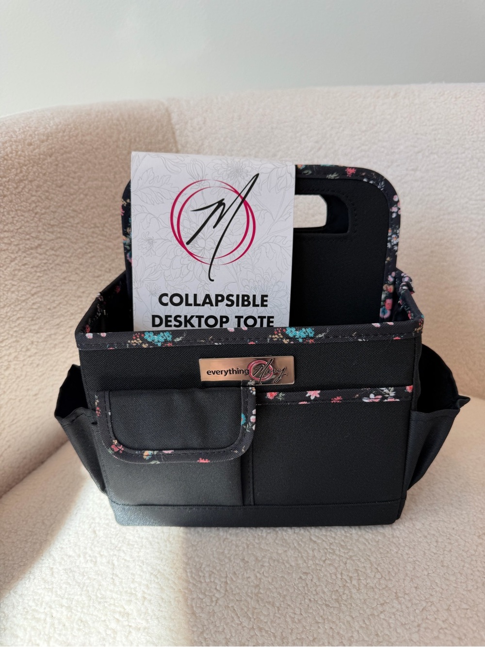 Everything Mary Collapsible Desktop Tote - Black with Floral Trim